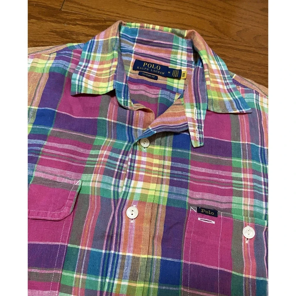 Polo Ralph Lauren Men's Long Sleeve Shirt Blue Pink Medium 100% Linen Plaid